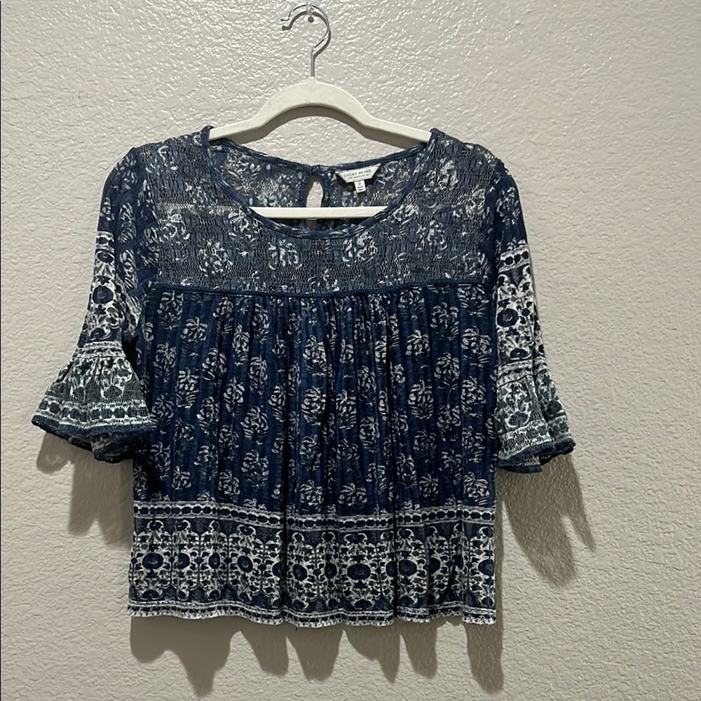 Lucky Brand Women’s Top Blue White Bell‎ Sleeves Boho Lace Size Small